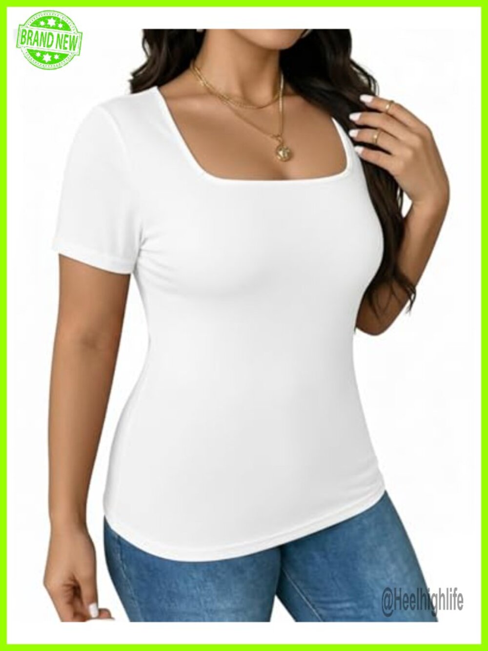 Plus Size Square Neck Short Sleeve T-Shirt Casual Slim Fit Tee - Picture 3 of 7
